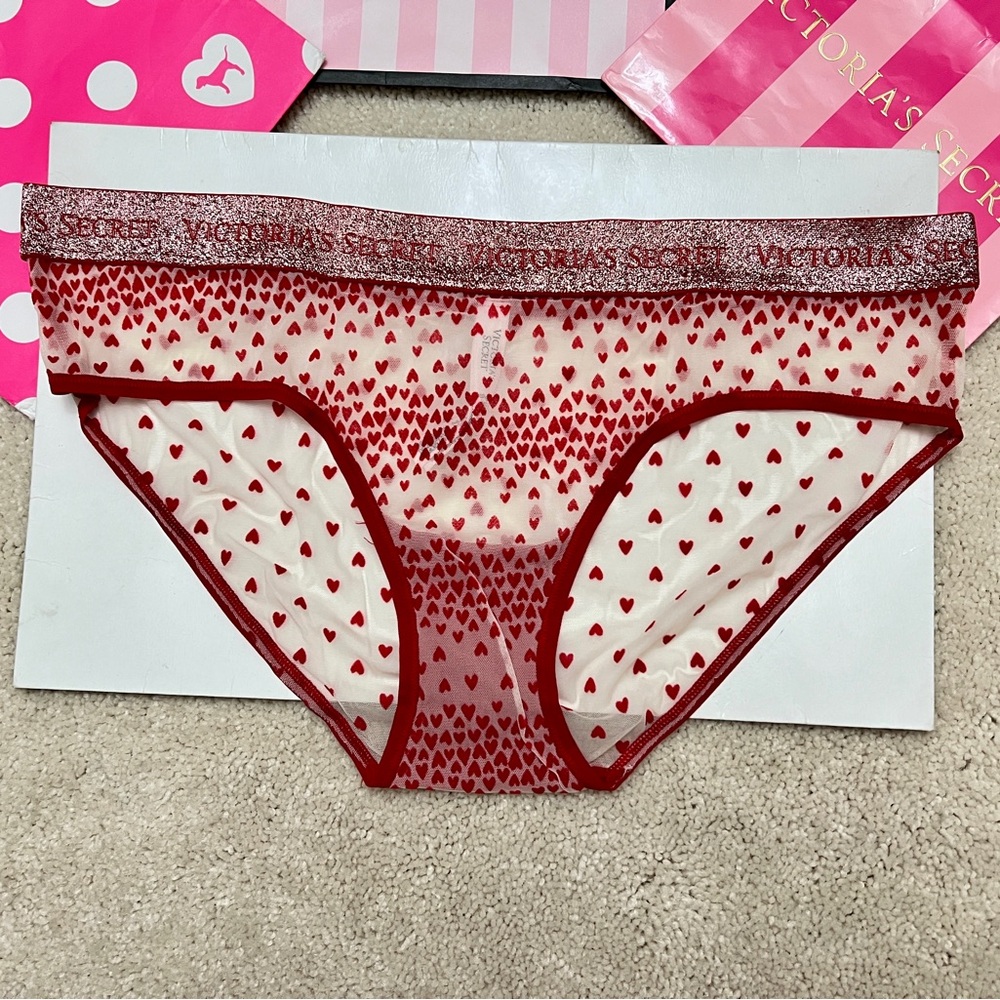 Victoria’s Secret Shimmer Logo WaistBand Red Heart Sheer Back Panties VS Large L - Picture 5 of 6